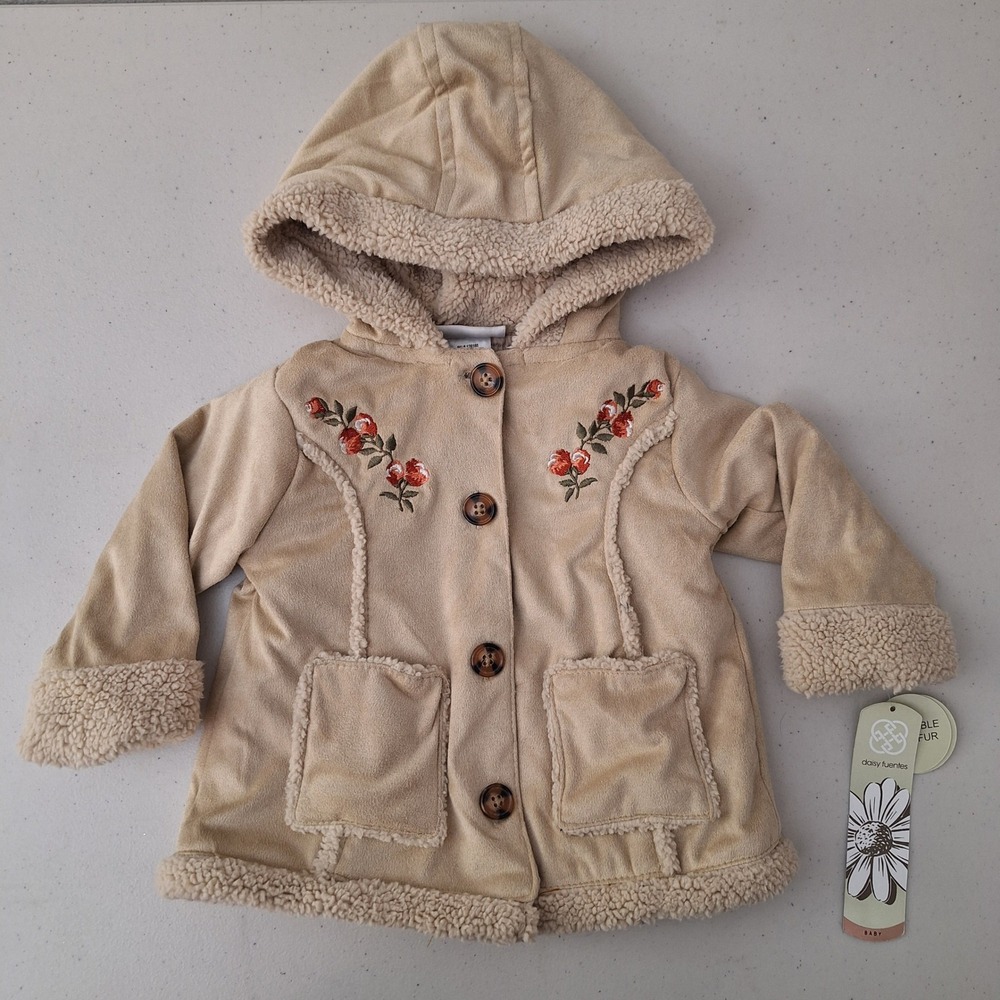 Daisy Fuentes Baby Girl's Beige Embroidered Floral Sherpa Trim Hooded Jacket